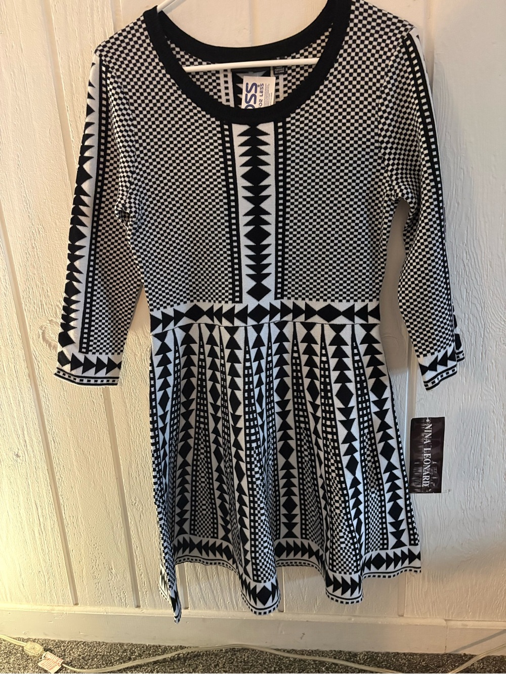 Nina Leonard Black & White Geometric Long-Sleeve Fit-and-Flare Dress